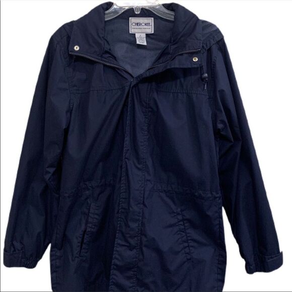 CHEROKEE JACKET WOMEN SMALL NAVY BLUE HOODED RAIN COAT WIND BREAKER SNAP UP. - Picture 1 of 7
